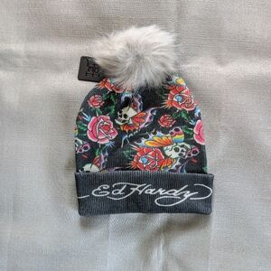 Ed Hardy Tattoo Print Pom Beanie Hat NEW!